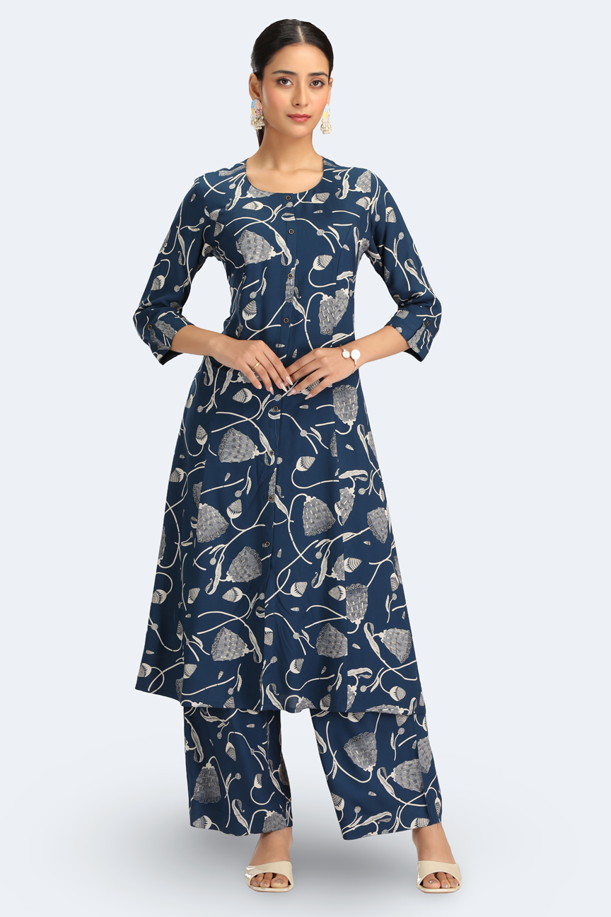 Navy Blue Rayon Floral Printed Straight Kurta Pant Co ord Set