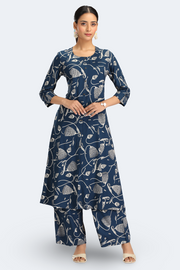 Navy Blue Rayon Floral Printed Straight Kurta Pant Co ord Set
