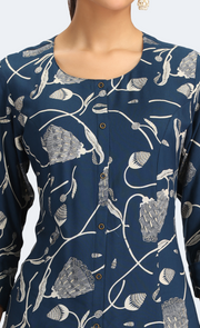 Navy Blue Rayon Floral Printed Straight Kurta Pant Co ord Set