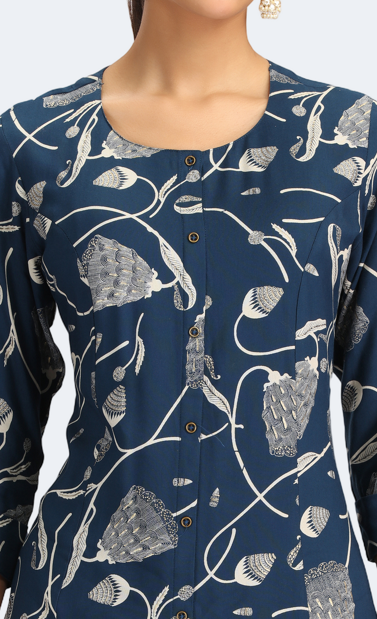 Navy Blue Rayon Floral Printed Straight Kurta Pant Co ord Set