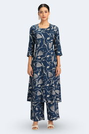 Navy Blue Rayon Floral Printed Straight Kurta Pant Co ord Set