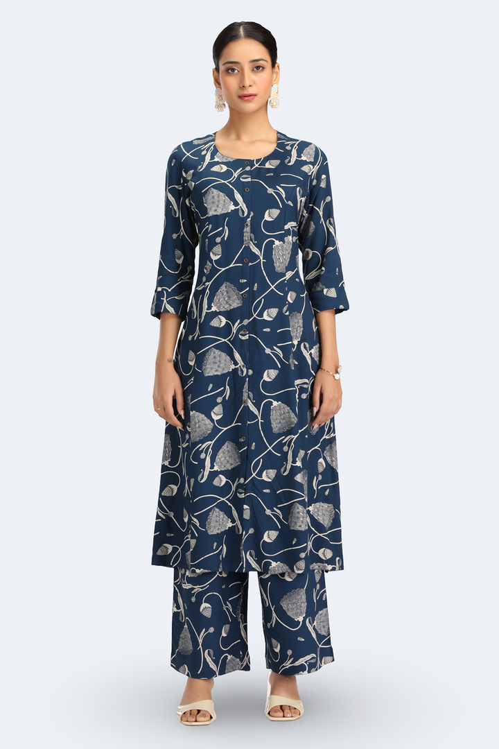 Navy Blue Rayon Floral Printed Straight Kurta Pant Co ord Set