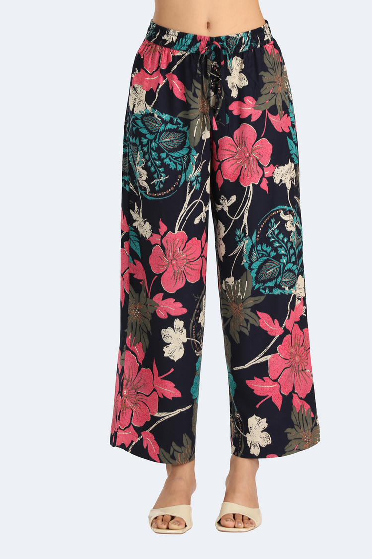 Navy Blue Rayon Printed Straight Kurta Pant Co ord Set