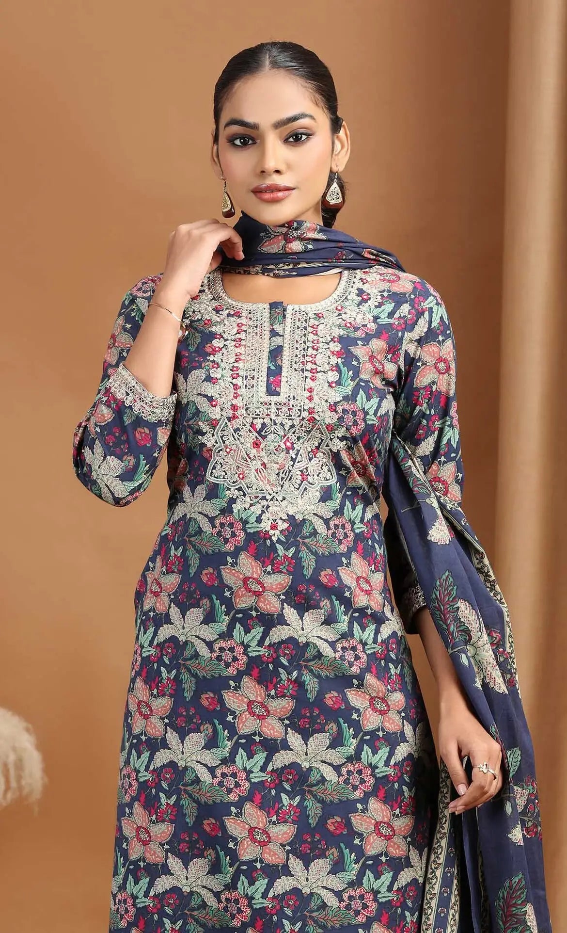 Navy Floral Embroidered Straight Ethnic Set