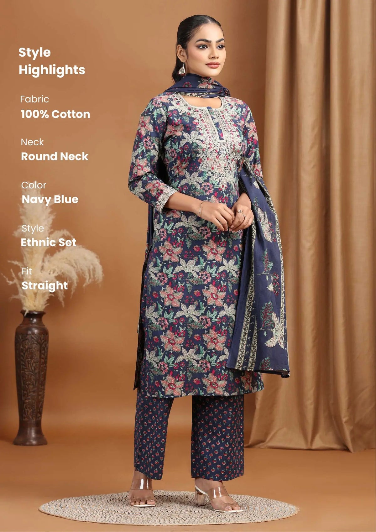 Navy Floral Embroidered Straight Ethnic Set