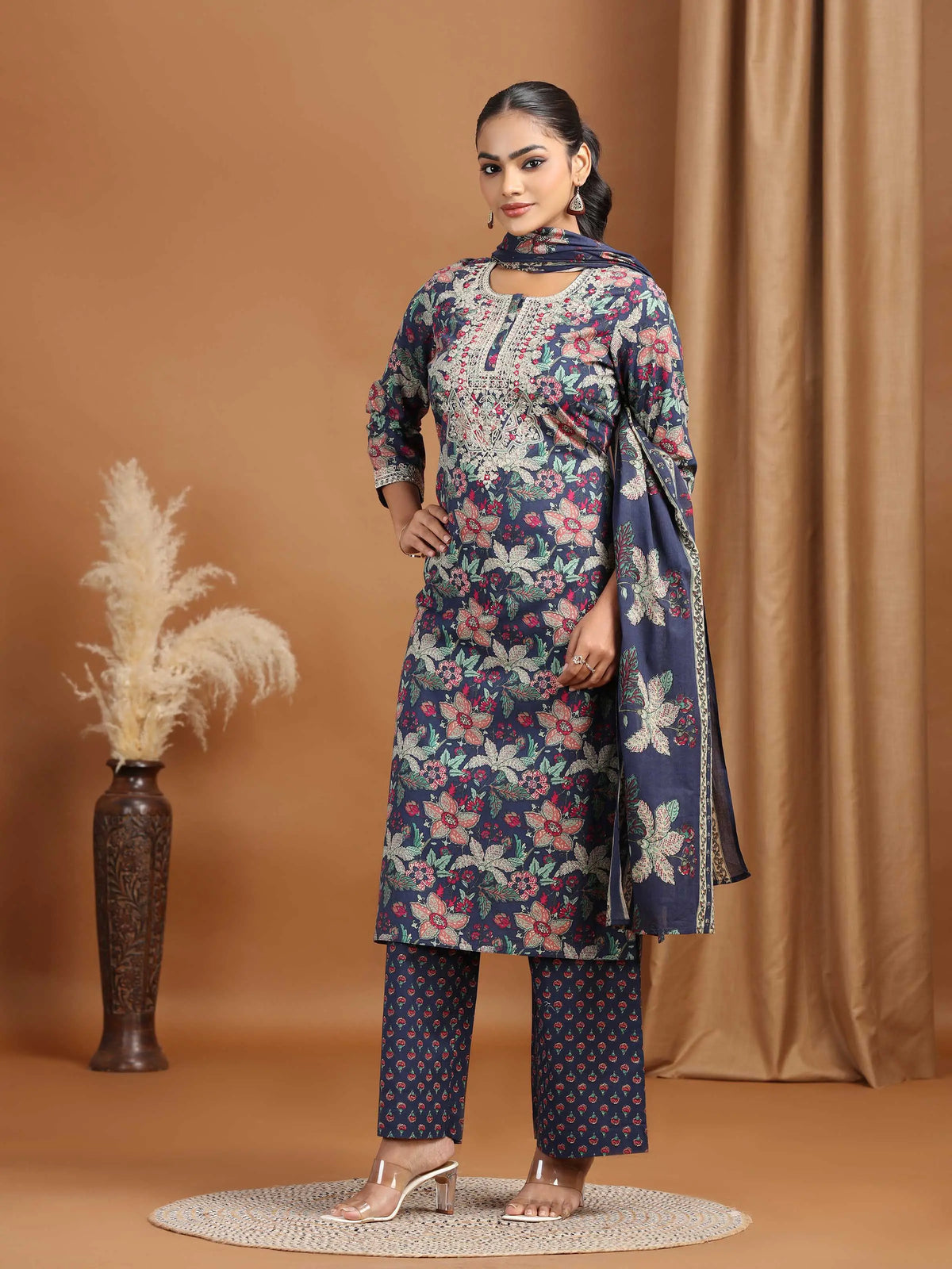 Navy Floral Embroidered Straight Ethnic Set