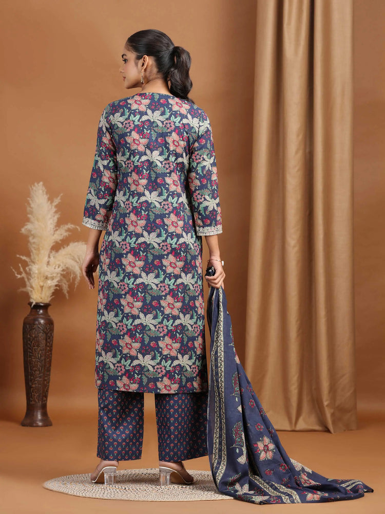 Navy Floral Embroidered Straight Ethnic Set