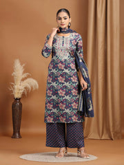 Navy Floral Embroidered Straight Ethnic Set