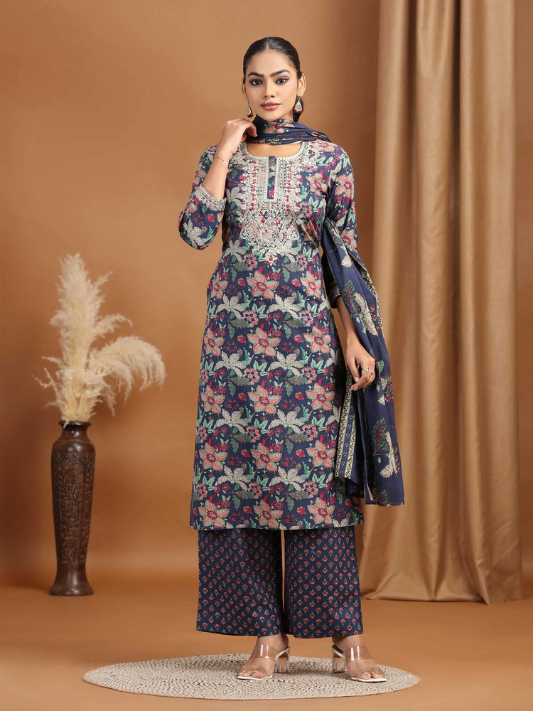 Navy Floral Embroidered Straight Ethnic Set