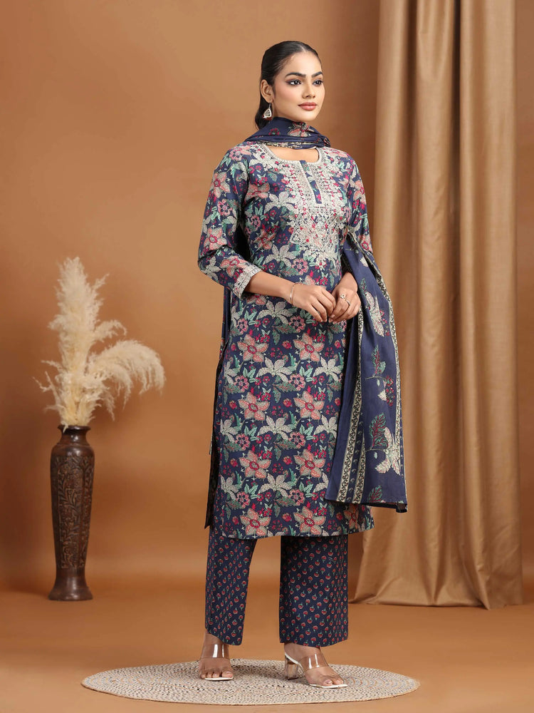 Navy Floral Embroidered Straight Ethnic Set
