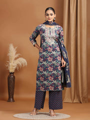 Navy Floral Embroidered Straight Ethnic Set