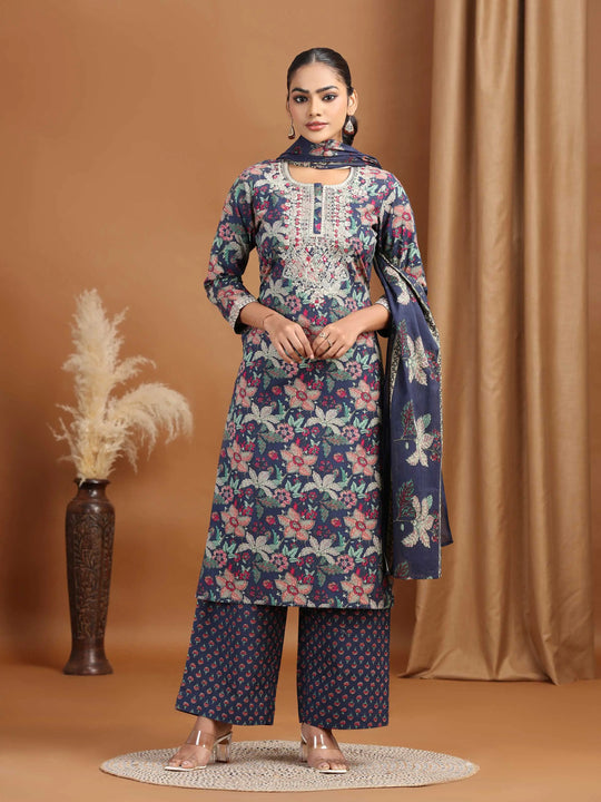 Navy Floral Embroidered Straight Ethnic Set