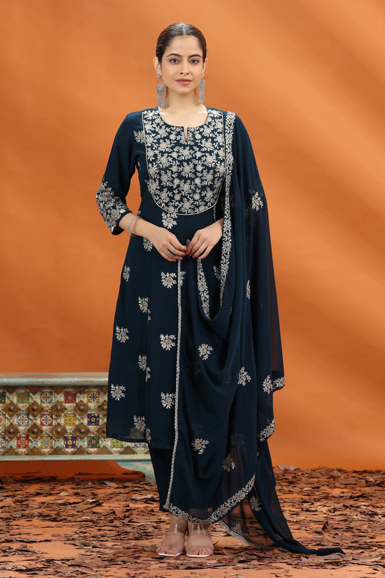 Navy Blue Georgette A Line Embroidered Kurta Pants and Dupatta Set for women and girls