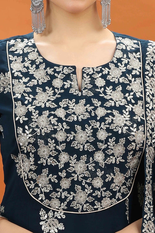 Navy Blue Georgette A Line Embroidered Kurta Pants and Dupatta Set for women and girls