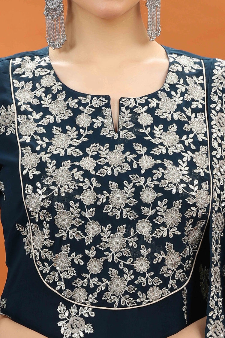 Navy Blue Georgette A Line Embroidered Kurta Pants and Dupatta Set for women and girls