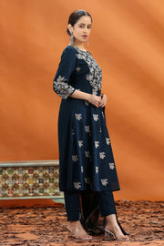 Navy Blue Georgette A Line Embroidered Kurta Pants and Dupatta Set for women and girls