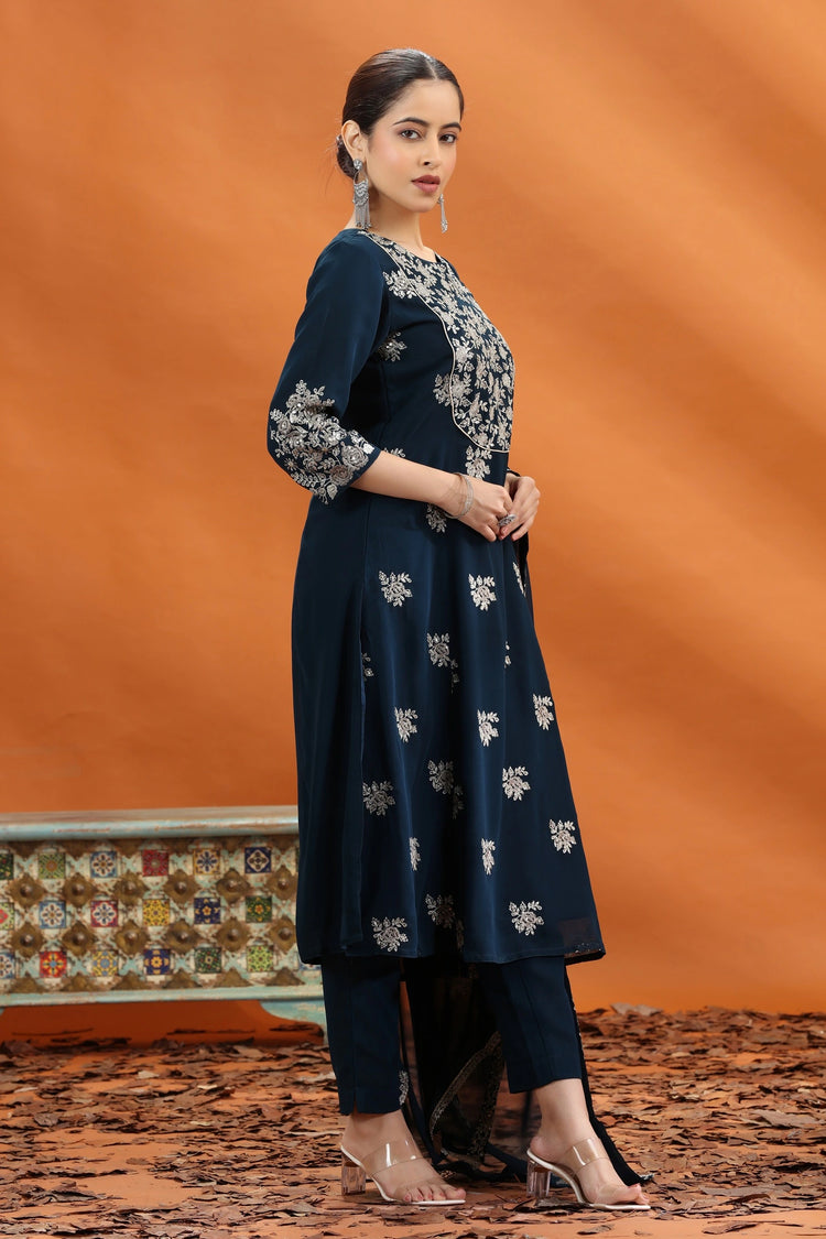 Navy Blue Georgette A Line Embroidered Kurta Pants and Dupatta Set for women and girls