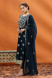 Navy Blue Georgette A Line Embroidered Kurta Pants and Dupatta Set for women and girls
