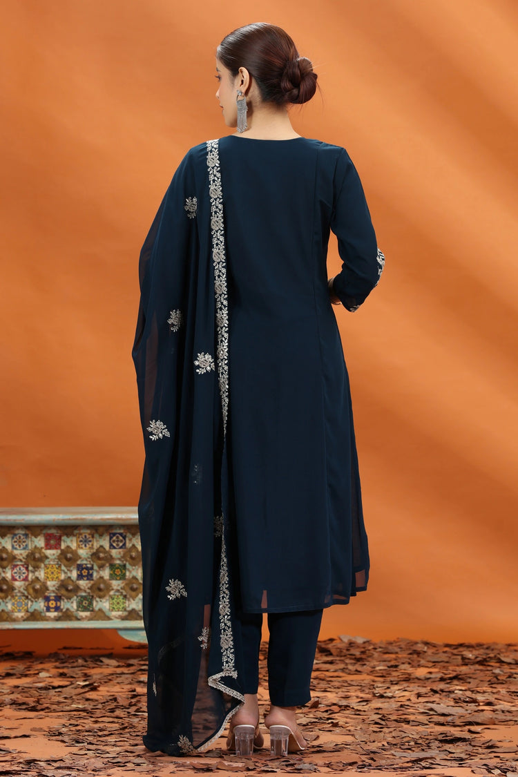 Navy Blue Georgette A Line Embroidered Kurta Pants and Dupatta Set for women and girls