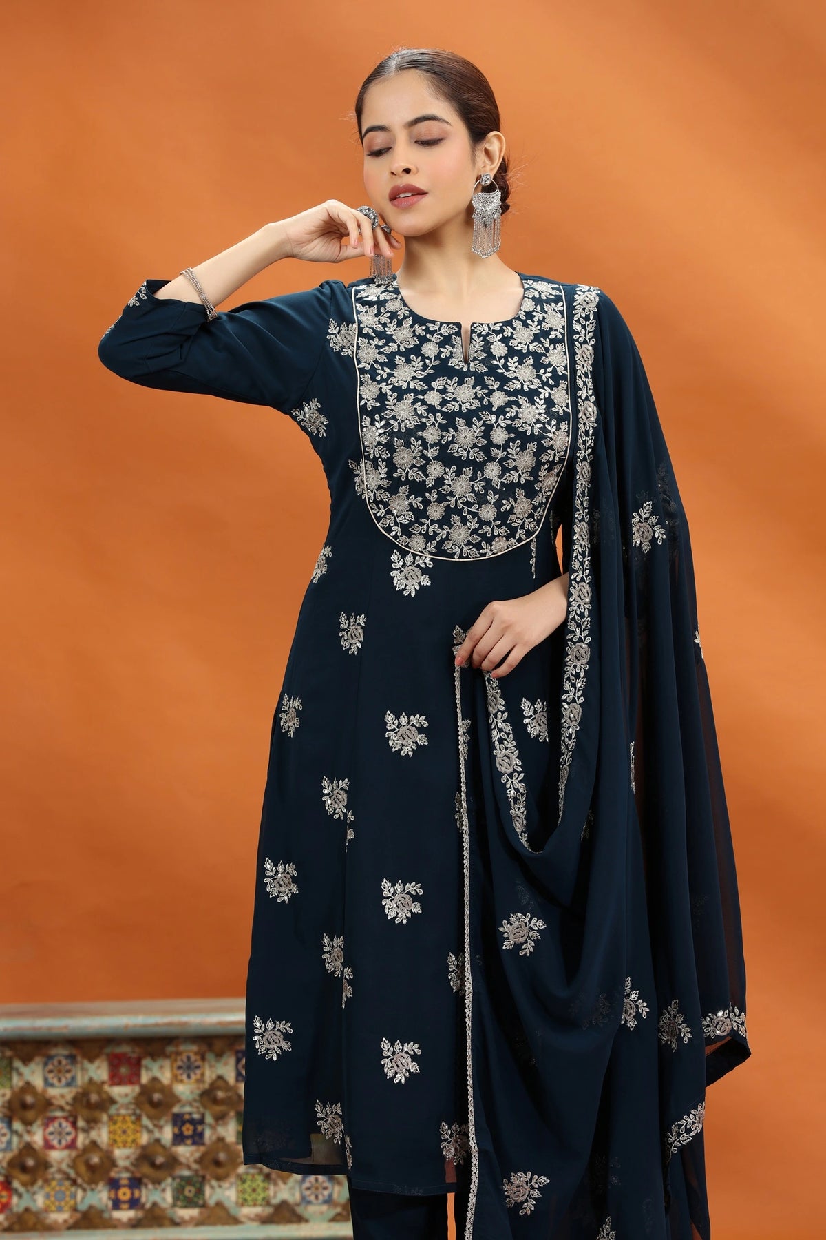 Navy Blue Georgette A Line Embroidered Kurta Pants and Dupatta Set for women and girls