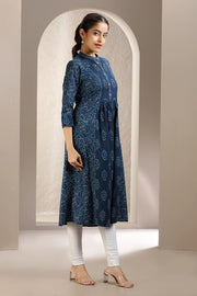 Navy Blue Jaipuri Cotton Printed A Line Kurta for women and girl