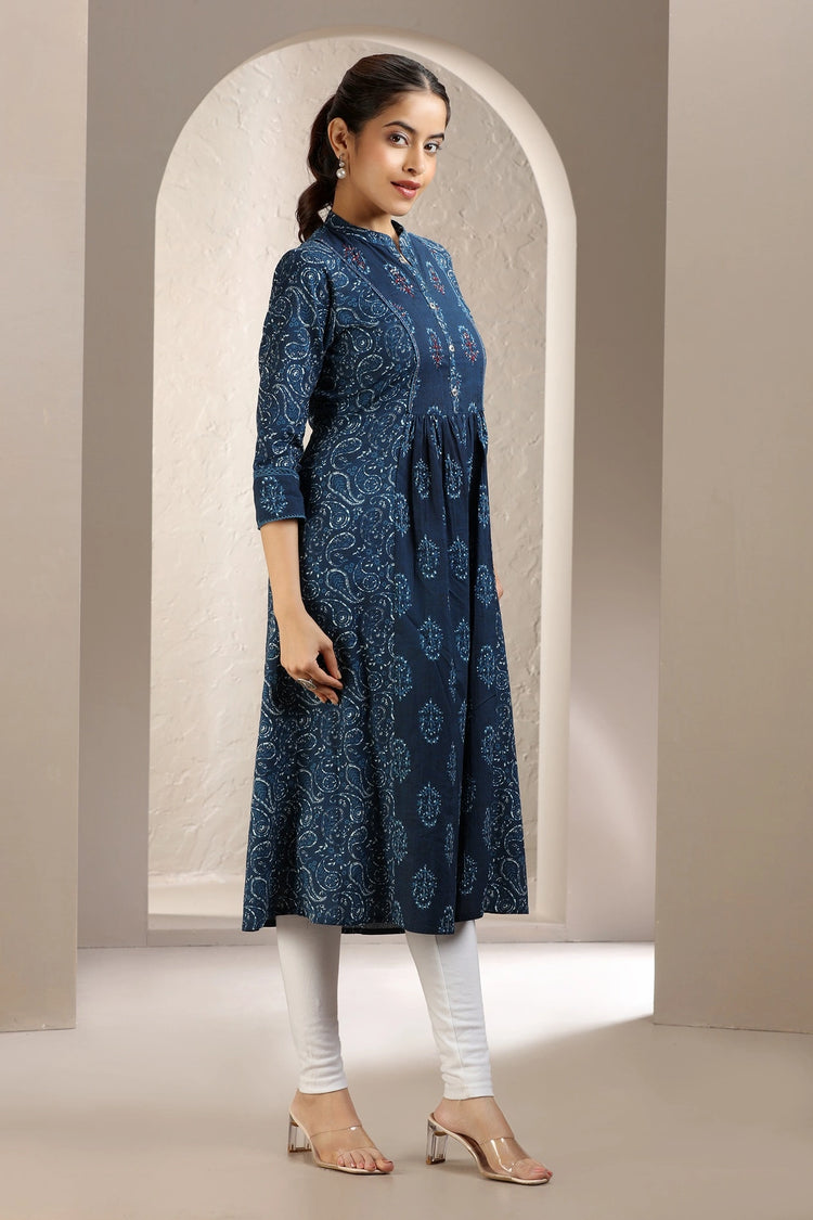 Navy Blue Jaipuri Cotton Printed A Line Kurta for women and girl
