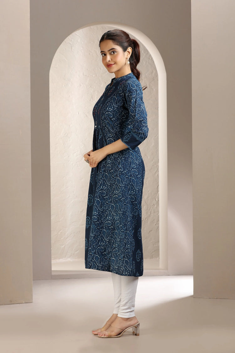 Navy Blue Jaipuri Cotton Printed A Line Kurta for women and girl