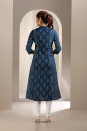 Navy Blue Jaipuri Cotton Printed A Line Kurta for women and girl