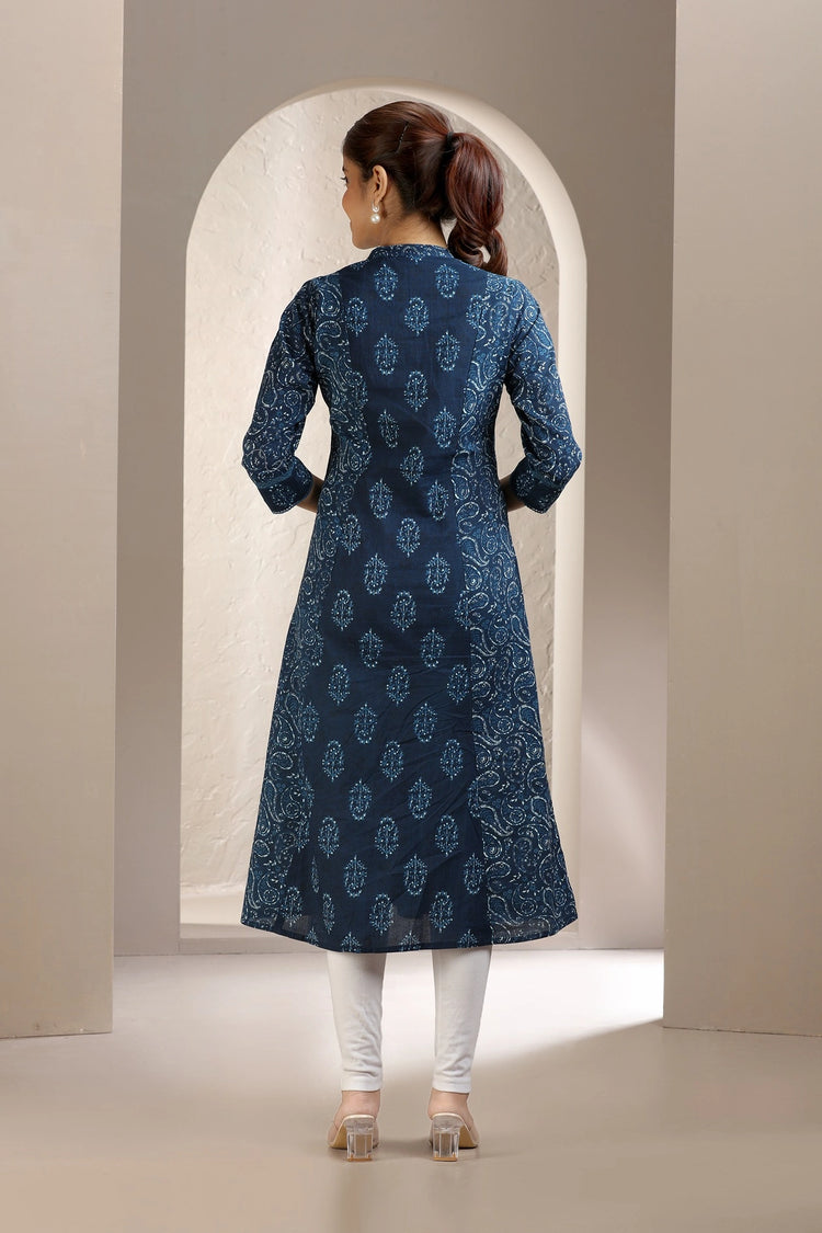 Navy Blue Jaipuri Cotton Printed A Line Kurta for women and girl