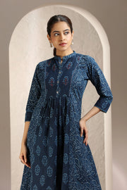 Navy Blue Jaipuri Cotton Printed A Line Kurta for women and girl