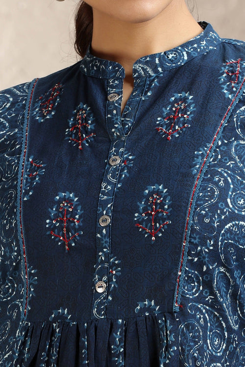 Navy Blue Jaipuri Cotton Printed A Line Kurta for women and girl