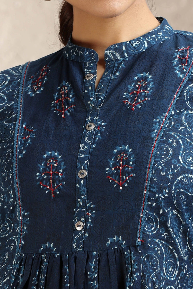 Navy Blue Jaipuri Cotton Printed A Line Kurta for women and girl