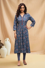 Navy Blue Jaipuri Cotton A Line Printed Kurta for women