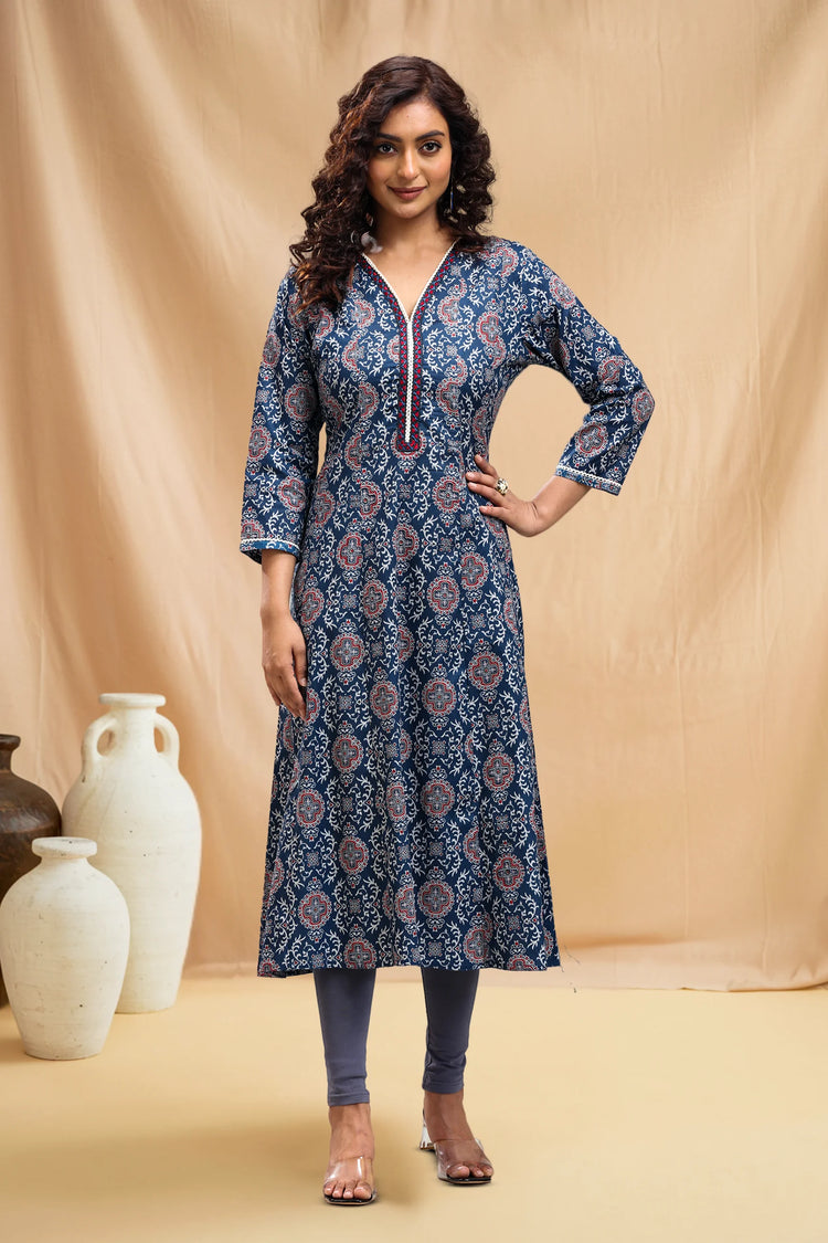 Navy Blue Jaipuri Cotton A Line Printed Kurta for women