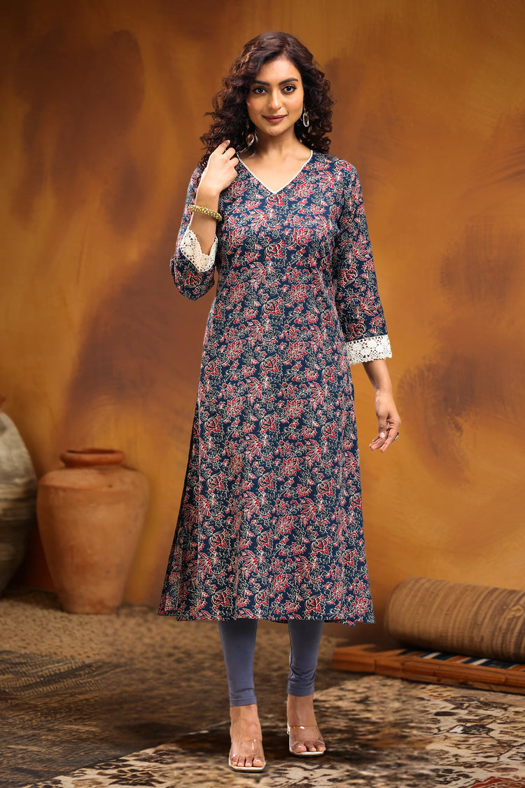 Navy Blue Jaipuri Cotton A Line Printed Kurta for women