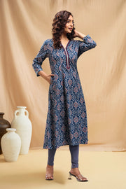 Navy Blue Jaipuri Cotton A Line Printed Kurta for women
