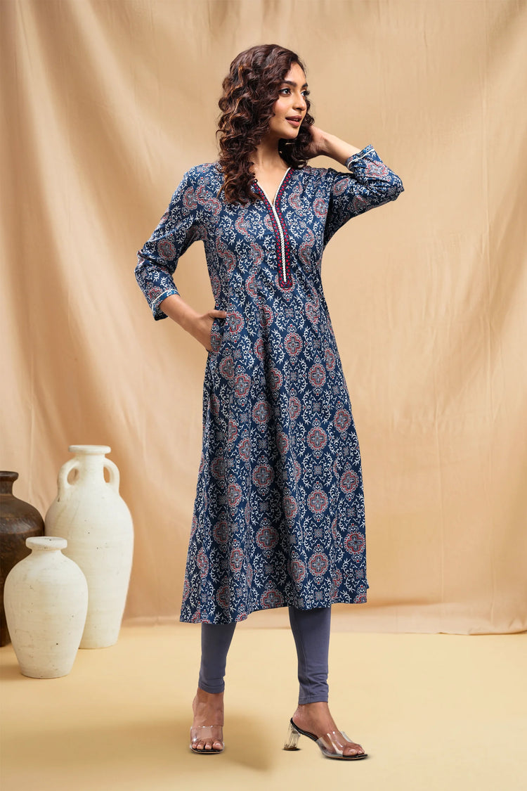 Navy Blue Jaipuri Cotton A Line Printed Kurta for women