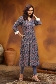 Navy Blue Jaipuri Cotton A Line Printed Kurta for women