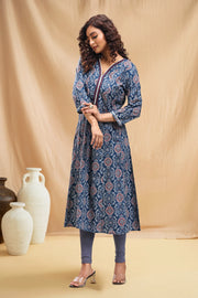 Navy Blue Jaipuri Cotton A Line Printed Kurta for women