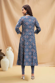 Navy Blue Jaipuri Cotton A Line Printed Kurta for women