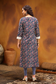 Navy Blue Jaipuri Cotton A Line Printed Kurta for women