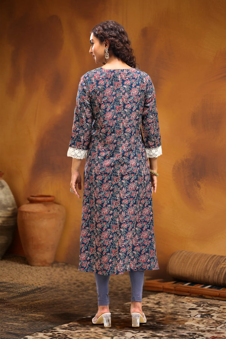 Navy Blue Jaipuri Cotton A Line Printed Kurta for women