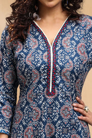 Navy Blue Jaipuri Cotton A Line Printed Kurta for women