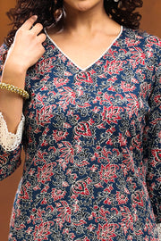 Navy Blue Jaipuri Cotton A Line Printed Kurta for women