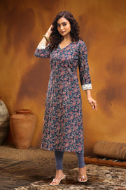 Navy Blue Jaipuri Cotton A Line Printed Kurta for women