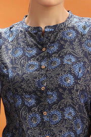 Navy Blue Jaipuri Cotton Floral Printed Short Kurta For women and girls