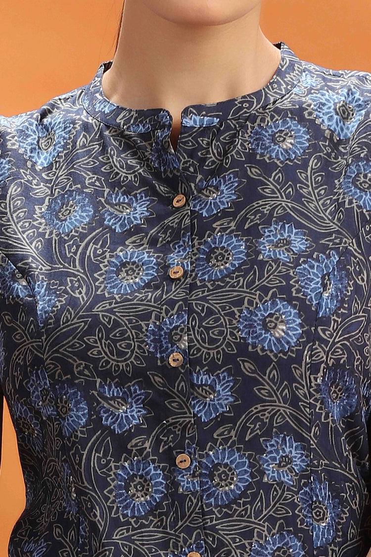 Navy Blue Jaipuri Cotton Floral Printed Short Kurta For women and girls