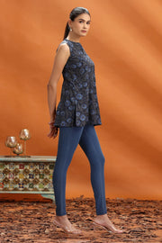 Navy Blue Jaipuri Cotton Floral Printed Short Kurta For women and girls