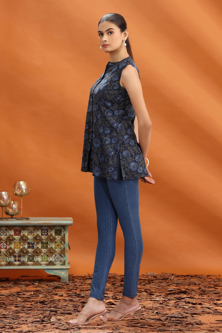 Navy Blue Jaipuri Cotton Floral Printed Short Kurta For women and girls