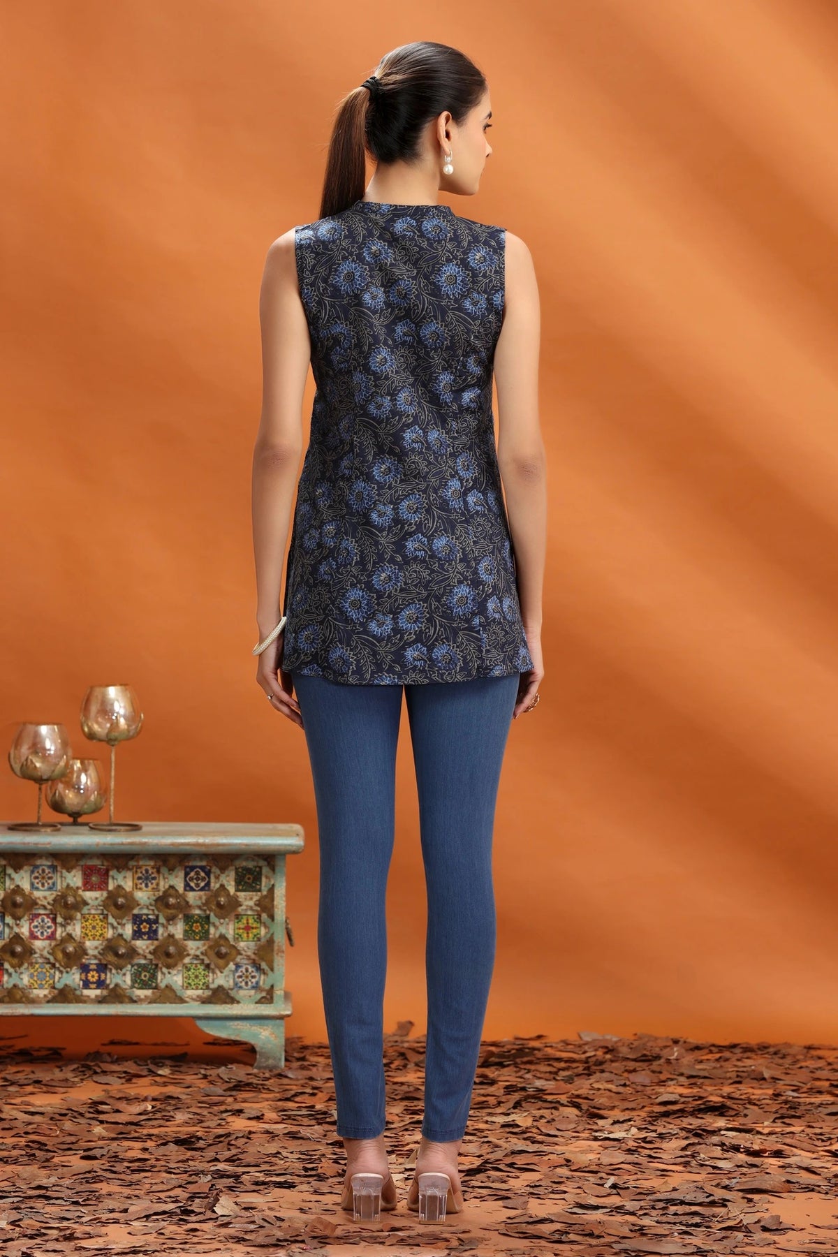 Navy Blue Jaipuri Cotton Floral Printed Short Kurta For women and girls